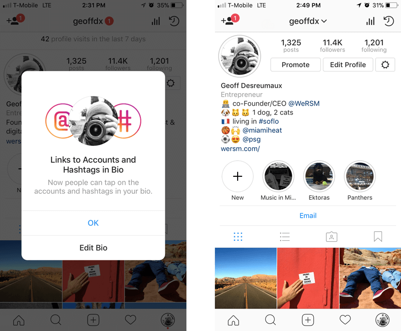 Instagram bios now feature clickable hashtags and accounts